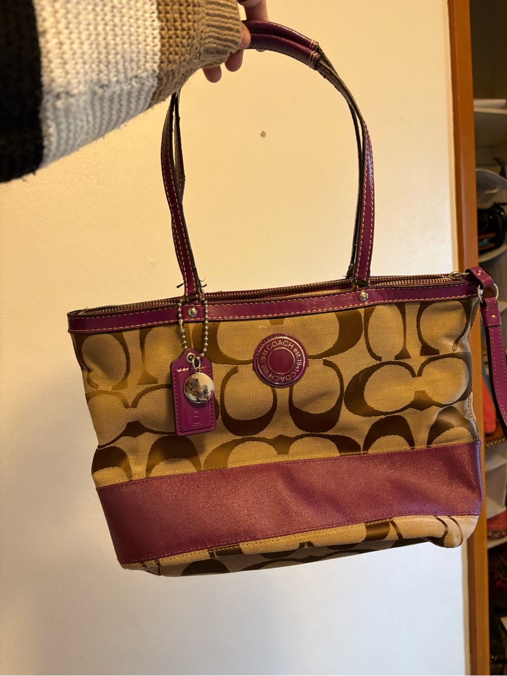 Coach Khaki Signature Canvas Tote with Magenta Trim